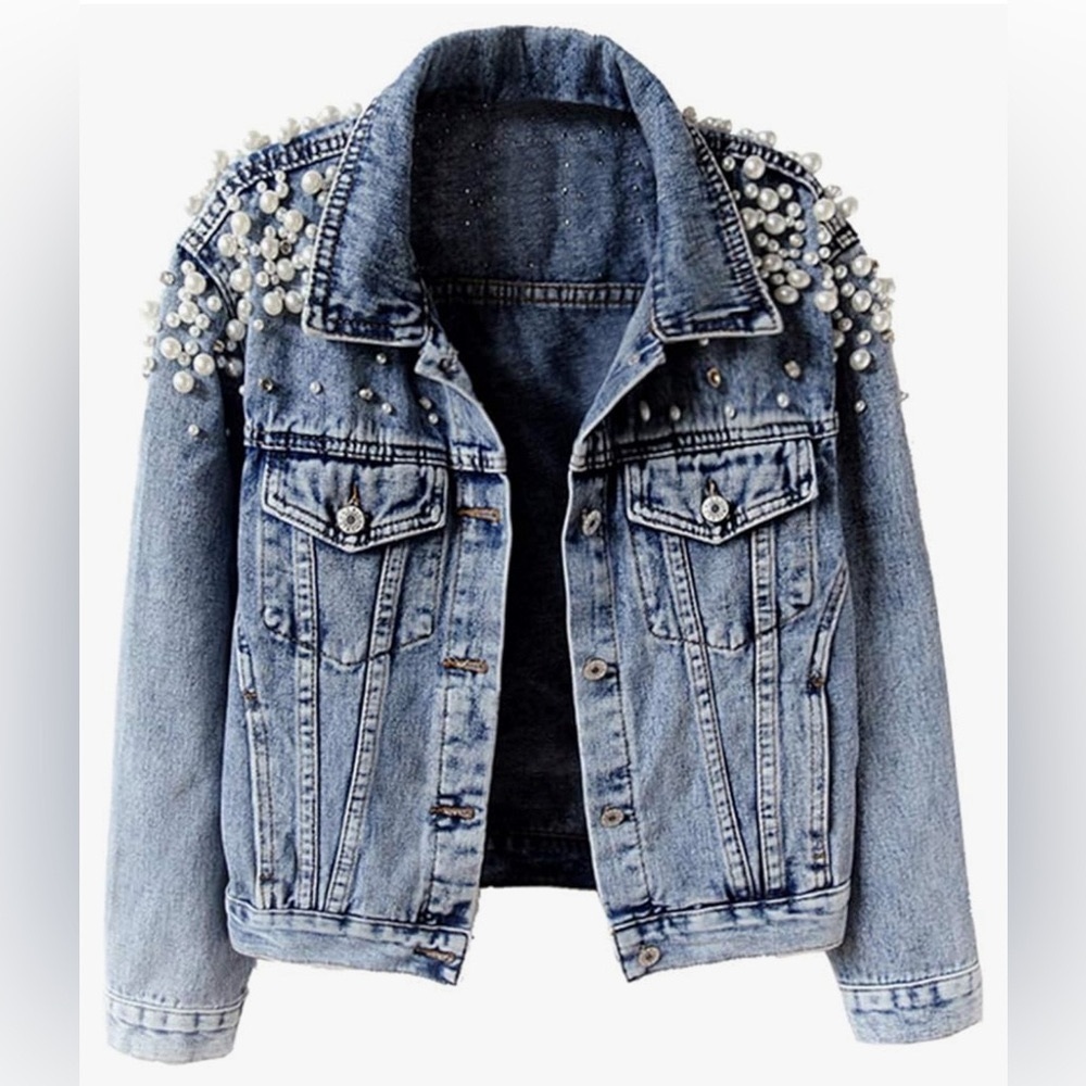 Kedera Embroidered Rivit Pearl Short Denim Jacket Size XS Bridal Concert Country